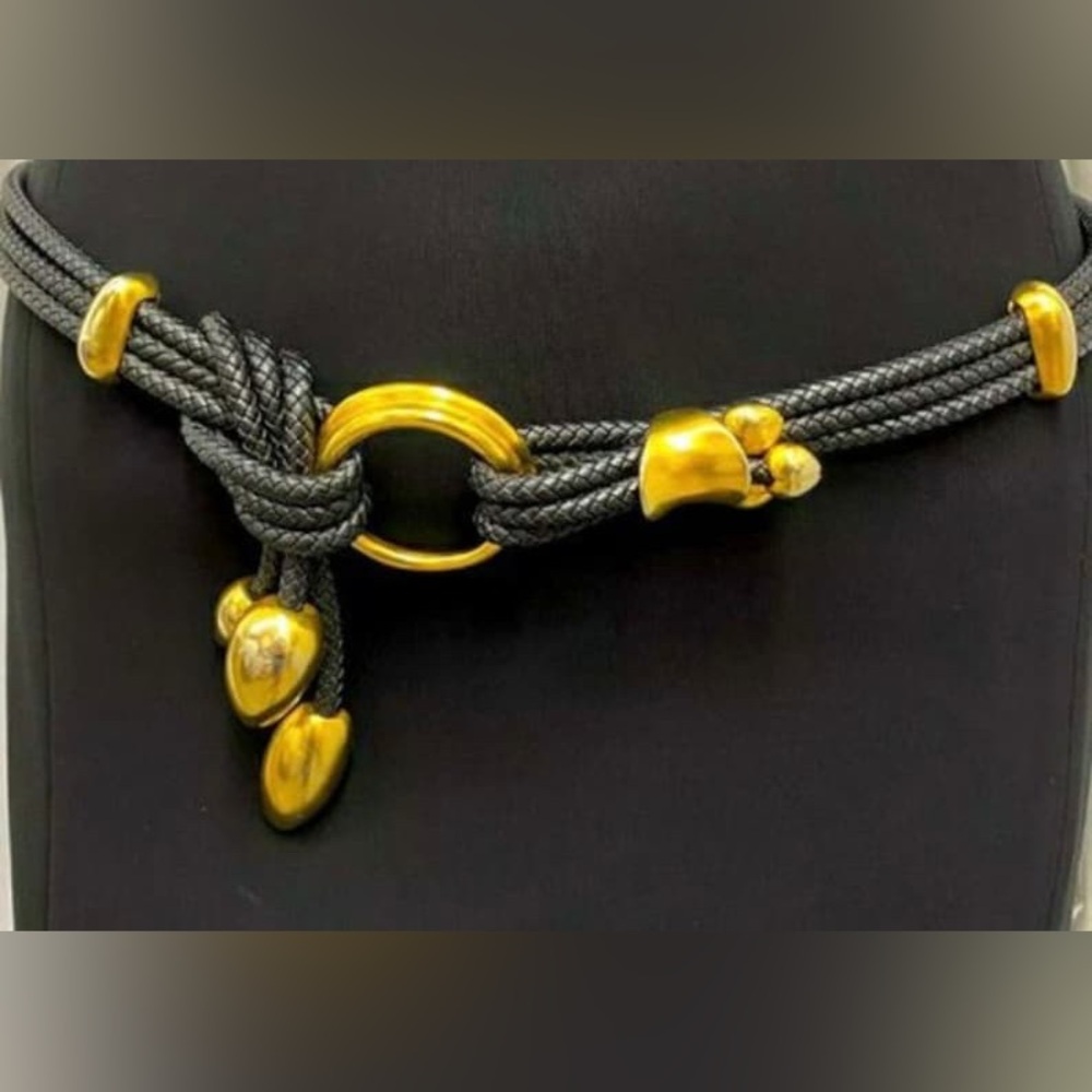 1994 Clara Studios Black Leather and Gold Rope Belt 36” belt